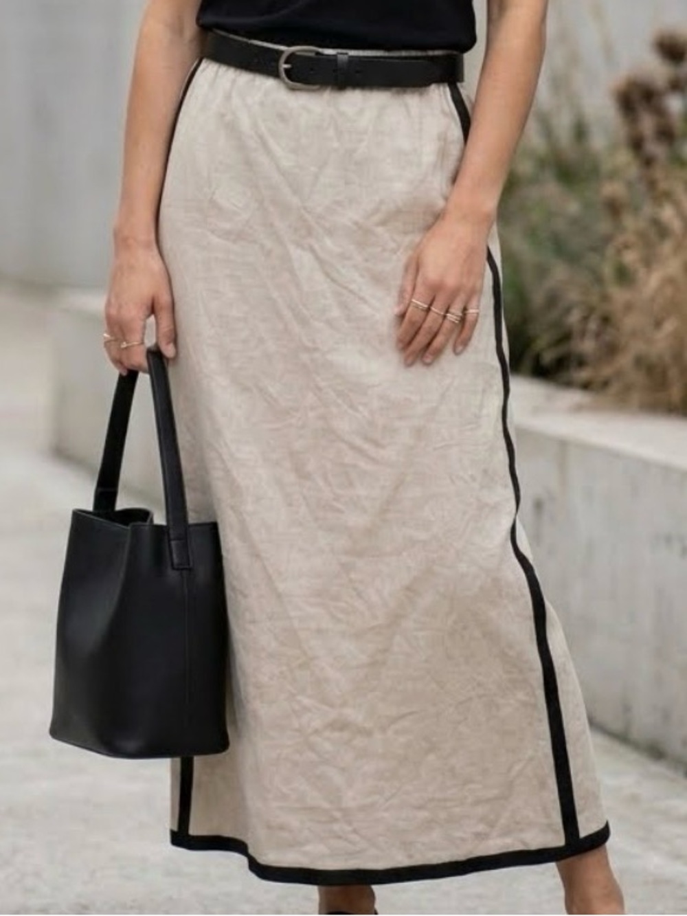 Anthropologie- Paper Heart Neutral Beige linen blend Maxi Skirt with Black Trim - Picture 1 of 12